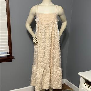 Kika Vargas Champagne Textured Spaghetti-Strap Midi Dress with Pockets